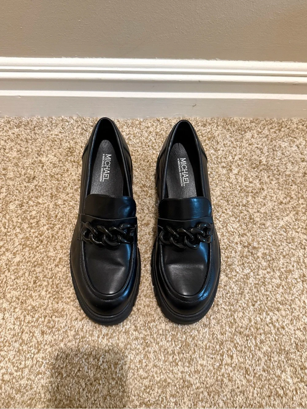 Michael Shannon Black Chunky Emilia Platform Loafers with Chain Detail Size 9
